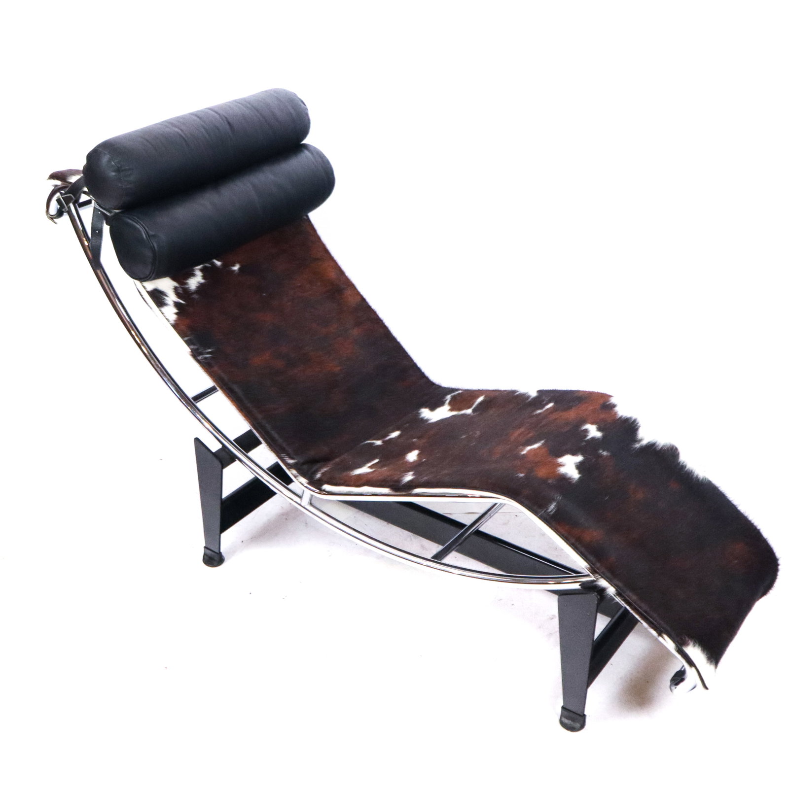 LeCorbusier, Jeanneret, Perriand LC4 Chaise Lounge: LeCorbusier, Pierre Jeanneret & Charlotte Perriand hide and leather LC4 chaise lounge with chrome plated and black metal frame, signed and numbered on the frame. [Adjustable: 33" H x 22" W x 63" L]. O