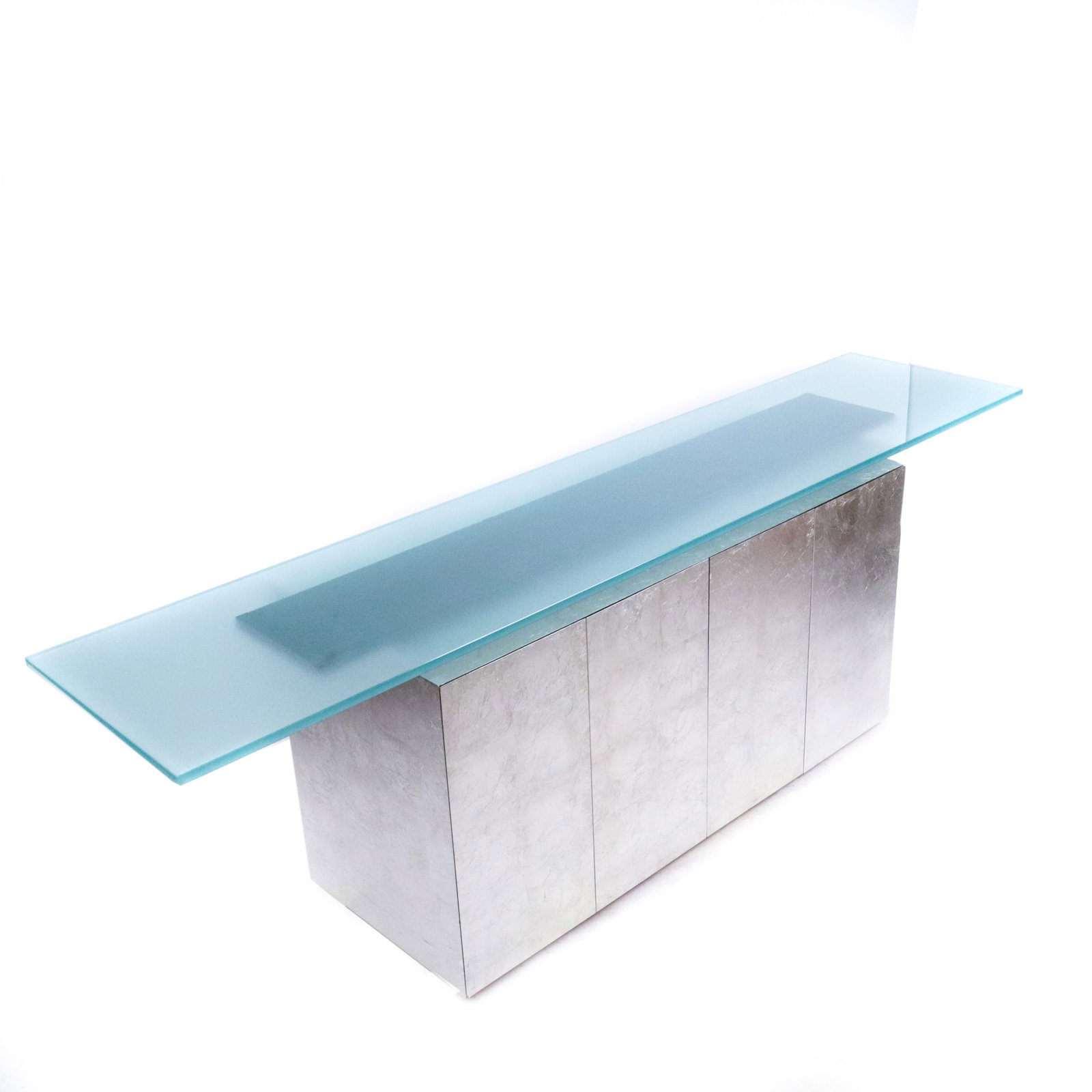 Stoppino & Acerbis for Acerbis Sheraton Sideboard: Giotto Stoppino and Lodovico Acerbis for Acerbis "Sheraton" Sideboard, modern minimalist design, the long frosted glass top above four silvered full design doors and a red interior, each with a shelf.