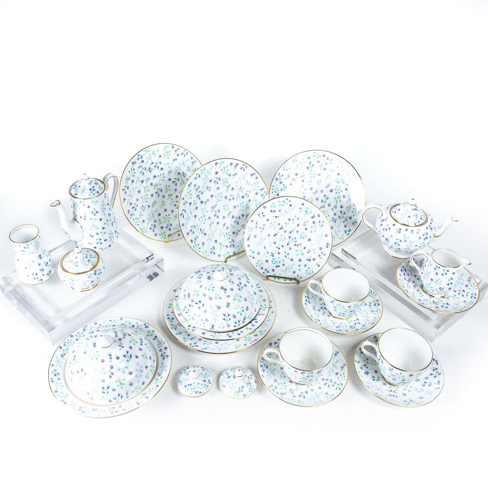 Grosvenor China For Tiffany Breakfast Set, 23: Grosvenor for Tiffany & Co. bone china breakfast set, English, probably second quarter of the 20th century, the white ground with delicate purple, blue and green wildflowers and gilt trim, comprising 
