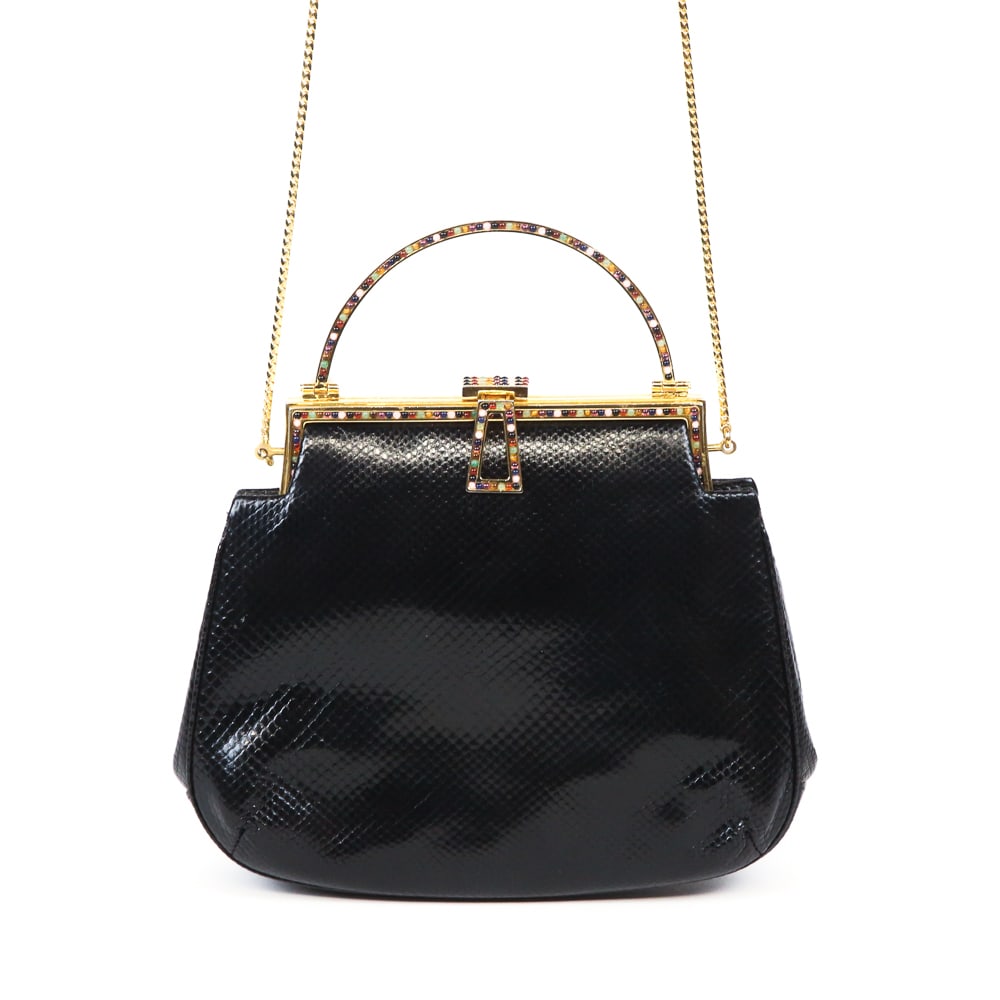 Judith Leiber Lizard Skin & Bead Decorated Handbag: Judith Leiber black lizard skin handbag, 21st century, with gold tone hardware and bead decoration at handle, with a gold tone strap, marked Judith Leiber to interior label, with pocket mirror and coi