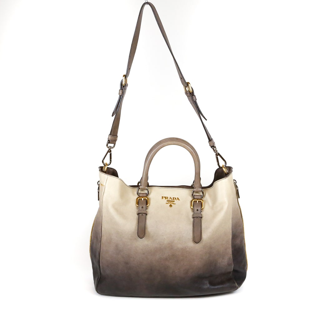 Prada Vitello Ombre Gradient Handbag: Prada "Vitello" ombre gradient handbag, 21st century, in ardesia and Talco, marked Prada Milano to outer, with gold and silver tone hardware, and with Prada lining, further marked Prada Made in Italy 