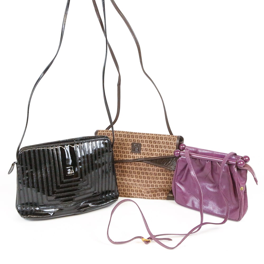 Three Vintage Fendi Purses: Three vintage Fendi purses, 20th century, including an aubergine leather handbag with impressed leather decoration with Fendi monogram, marked Feni to interior label, a Fendi suede handbag with Fendi 