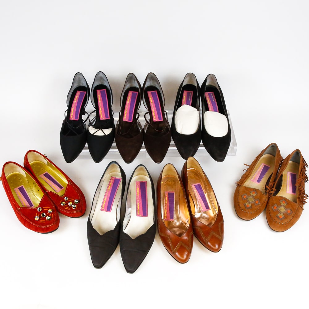 Susan Bennis Warren Edwards Shoes, 7: Seven pairs of shoes from Susan Benis Warren Edwards, 20th century, comprising two pairs of moccasins, black pumps with strap detail, brown suede pumps with strap detail, a pair of scallop edge pumps,