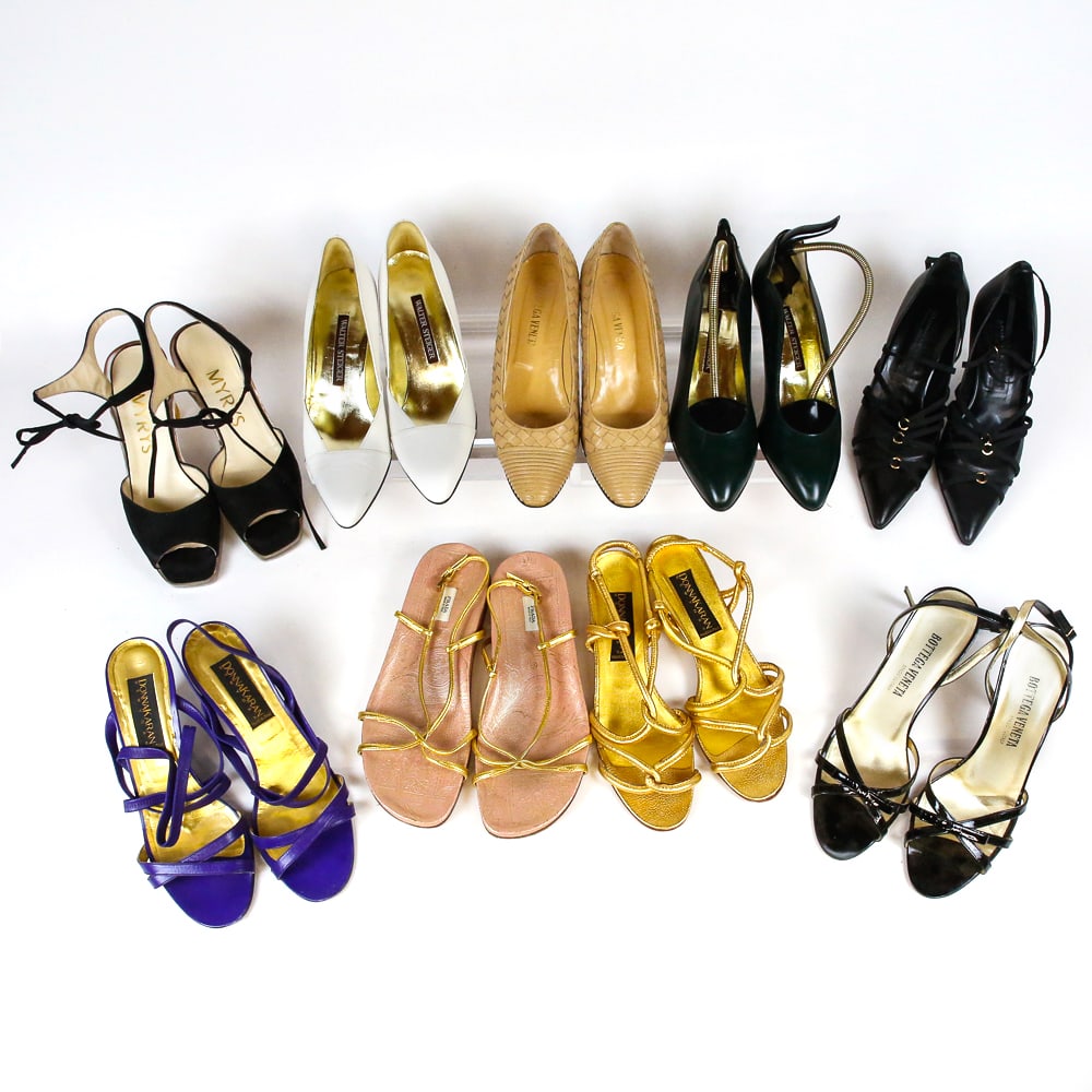 Prada, Bottega, Donna Karen, and Other Shoes, 9: Nine pairs of designer shoes comprising a pair of Prada gold leather and pink pringed sandals, a pair of Bottega Veneta black patent leather high heeled strap sandals, a pair of Bottega Veneta beige w