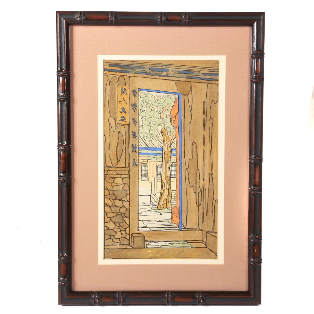 Bertha LUM Raised Line Woodblock, Garden Door: Bertha Lum (American, 1869-1954) embossed raised line mixed media / woodblock, garden door, 1924, pencil signed lower middle, with inscription and date lower left, framed. [Sight: 14.25" H x 8" W; Fra