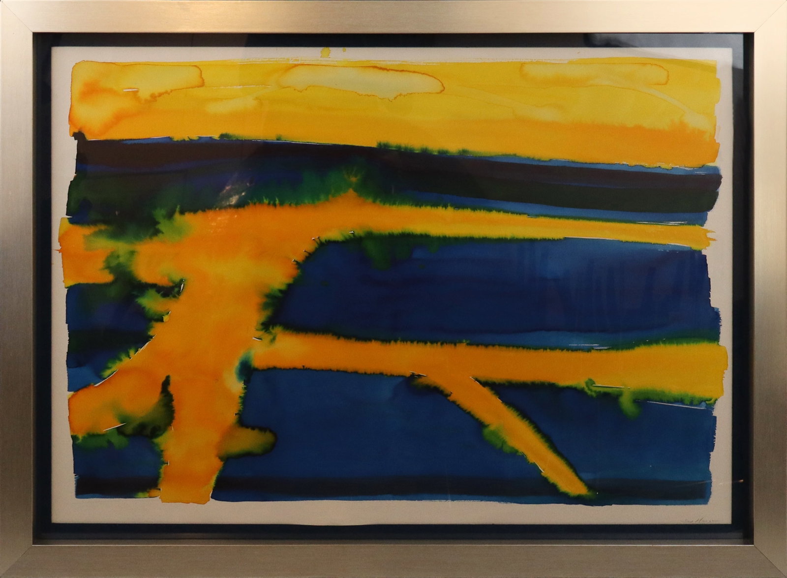 Richard di SAN MARZANO Abstract Lines Watercolor: Richard di San Marzano (British, b. 1952) watercolor on Fabriano paper, abstract lines in blue and yellow, pencil signed lower right "San Marzano," framed. [Sight: 27" H x 38.5" W; Frame: 32.5" H x 44
