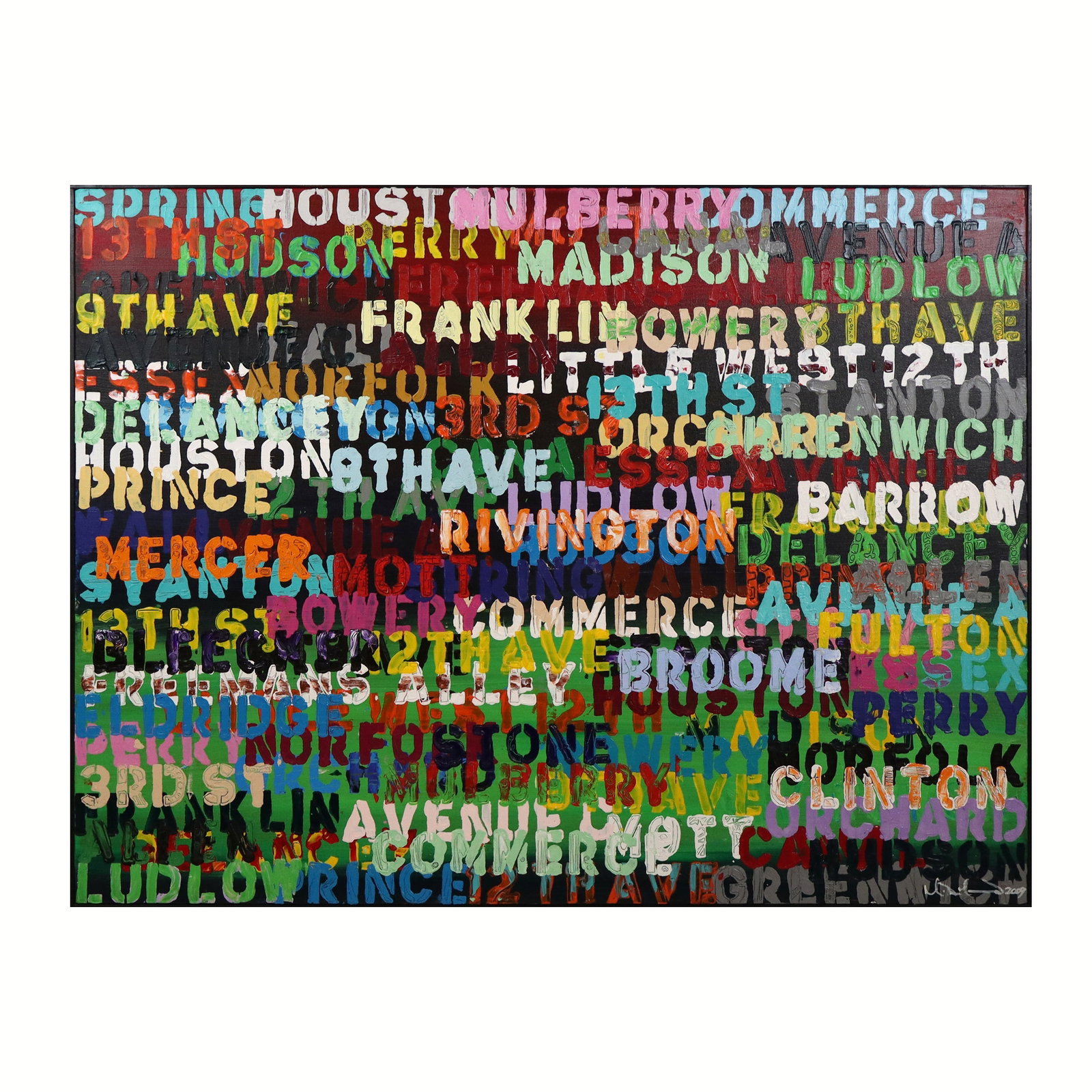 Mike DREELAND Abstract Typographic Oil on Canvas: Mike Dreeland (American, 20th/21st Century) abstract typographic oil on canvas, "My Favorite Streets - East," 2009, signed and dated lower right, with additional signature, title, and date to verso, f