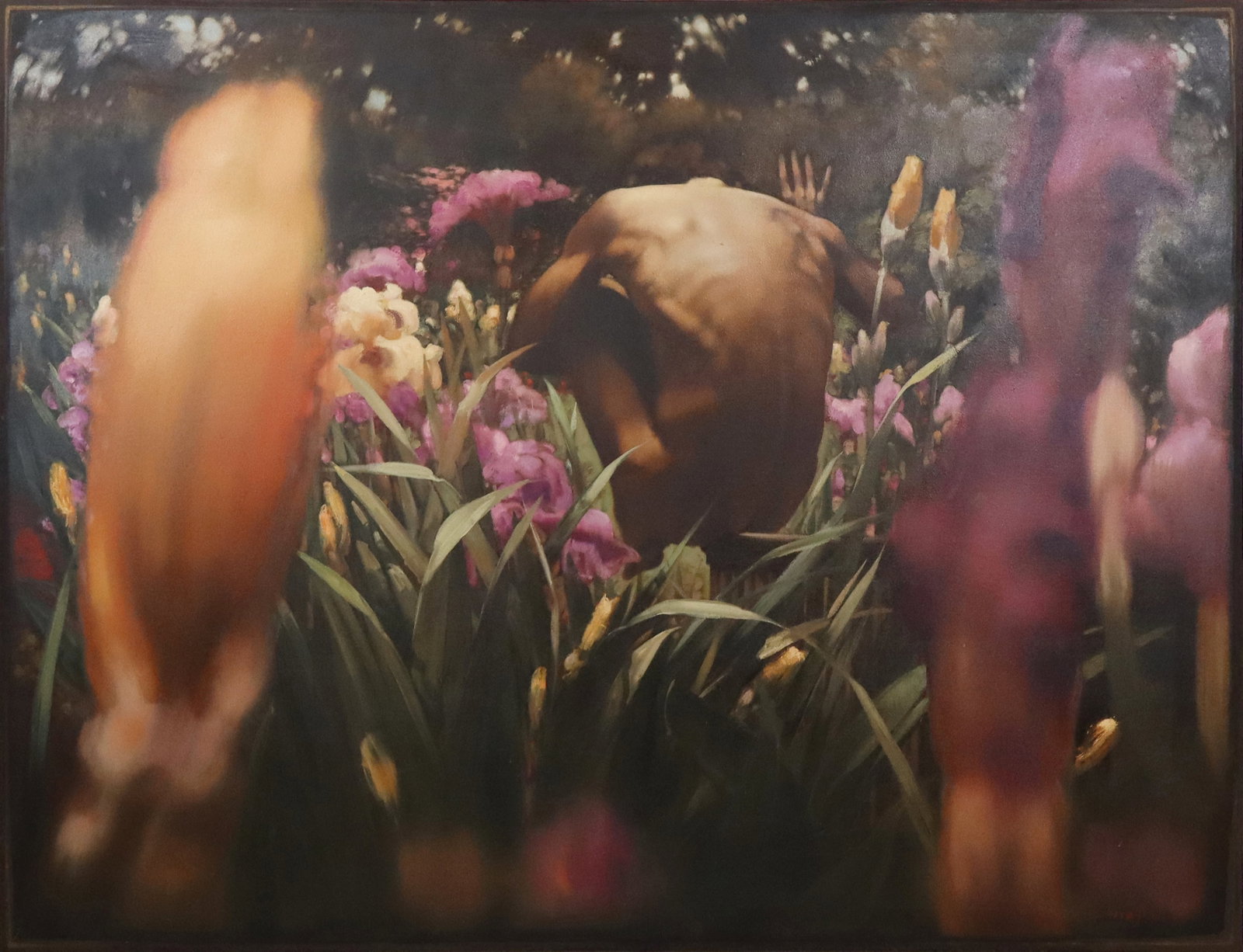 Daniel MAFFIA Oil on Canvas Figure in Landscape: Daniel Maffia (French/American, b. 1937) oil on canvas, nude figure in flowery landscape, 1985, signed lower right "Maffia," bearing label to verso, unframed. [50" H x 72" W]. Residue and wear, otherw