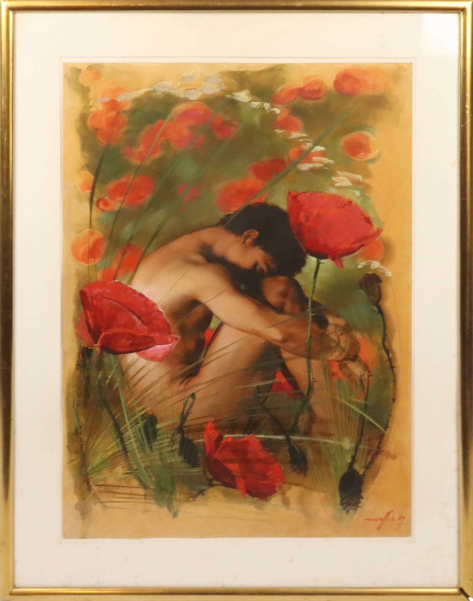 Daniel MAFFIA Mixed Media Figure with Poppies: Daniel Maffia (French/American, b. 1937) acrylic and watercolor on paper, nude figure with poppies, 1984, signed "Maffia" and dated lower right, bearing label to verso, matted and framed. [Sheet: 30" 