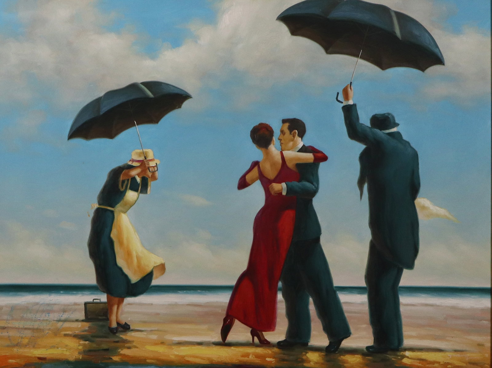 After Jack VETTRIANO "The Singing Butler" Oil Ptg: After Jack Vettriano (Scottish, 1951-2025) oil on canvas study of "The Singing Butler," framed. [Canvas: 36" H x 48" W; Frame: 45.25" H x 57.25" W]. In good condition.