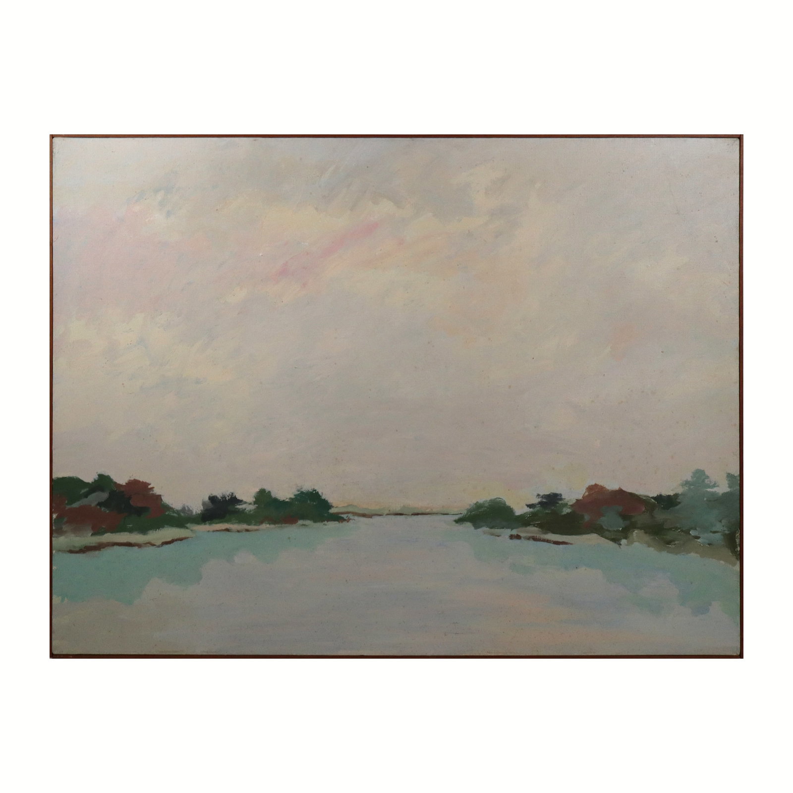Andrew MORRIS "Quantuck Bay" Oil on Canvas: Andrew Morris (American, 20th/21st Century) oil on canvas coastal landscape, "Quantuck Bay," no apparent signature, bearing label to verso, framed. [Canvas: 36" H x 48" W; Frame: 36.5" H x 48.75" W]. 