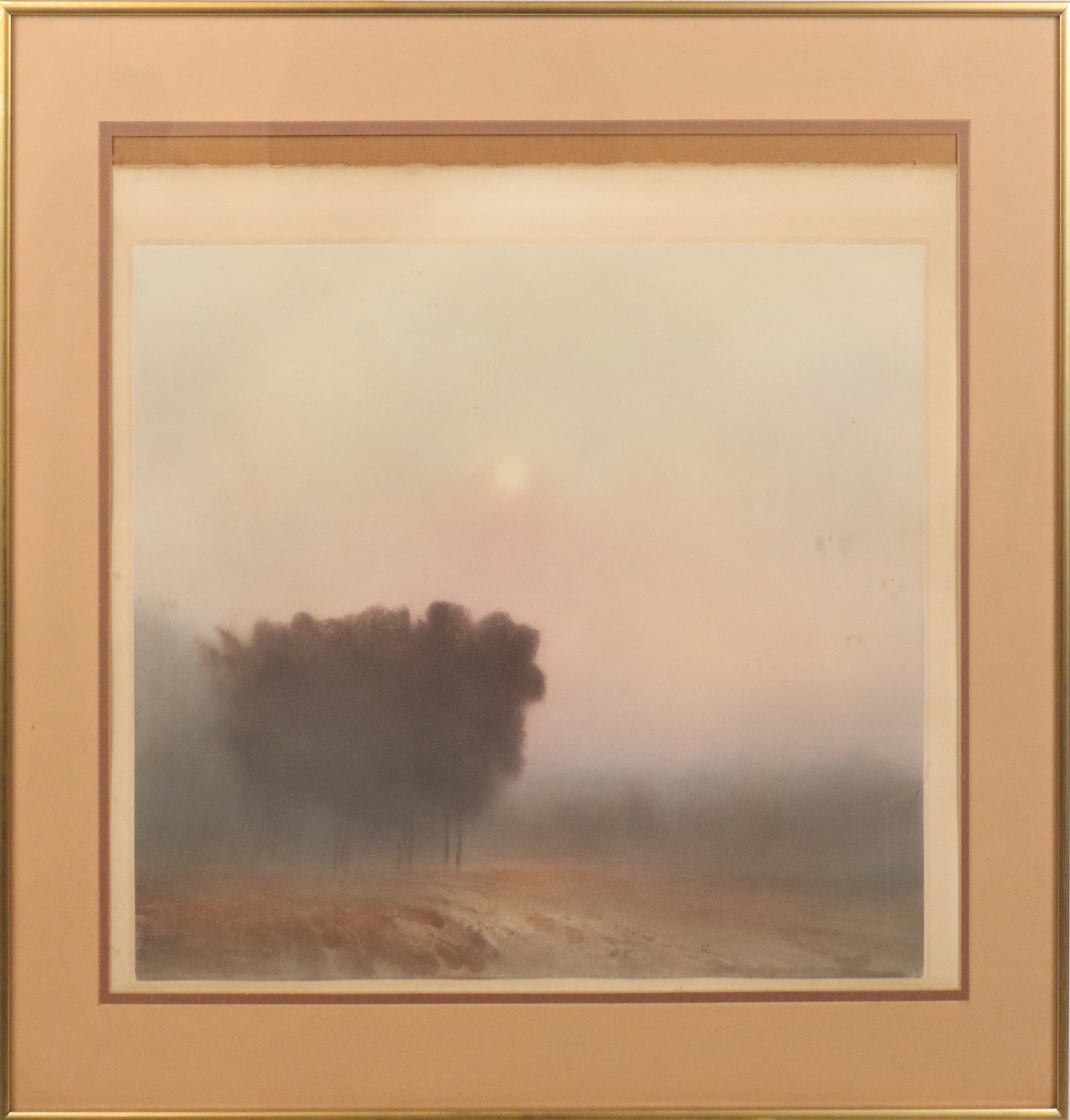 20th Century Serene Landscape Print: Color lithograph, early-mid 20th century, serene landscape, framed. [Sight: 20" H x 23" W; Frame: 26.25" H x 30.25" W]. Loose in frame, toning, wear commensurate with age.