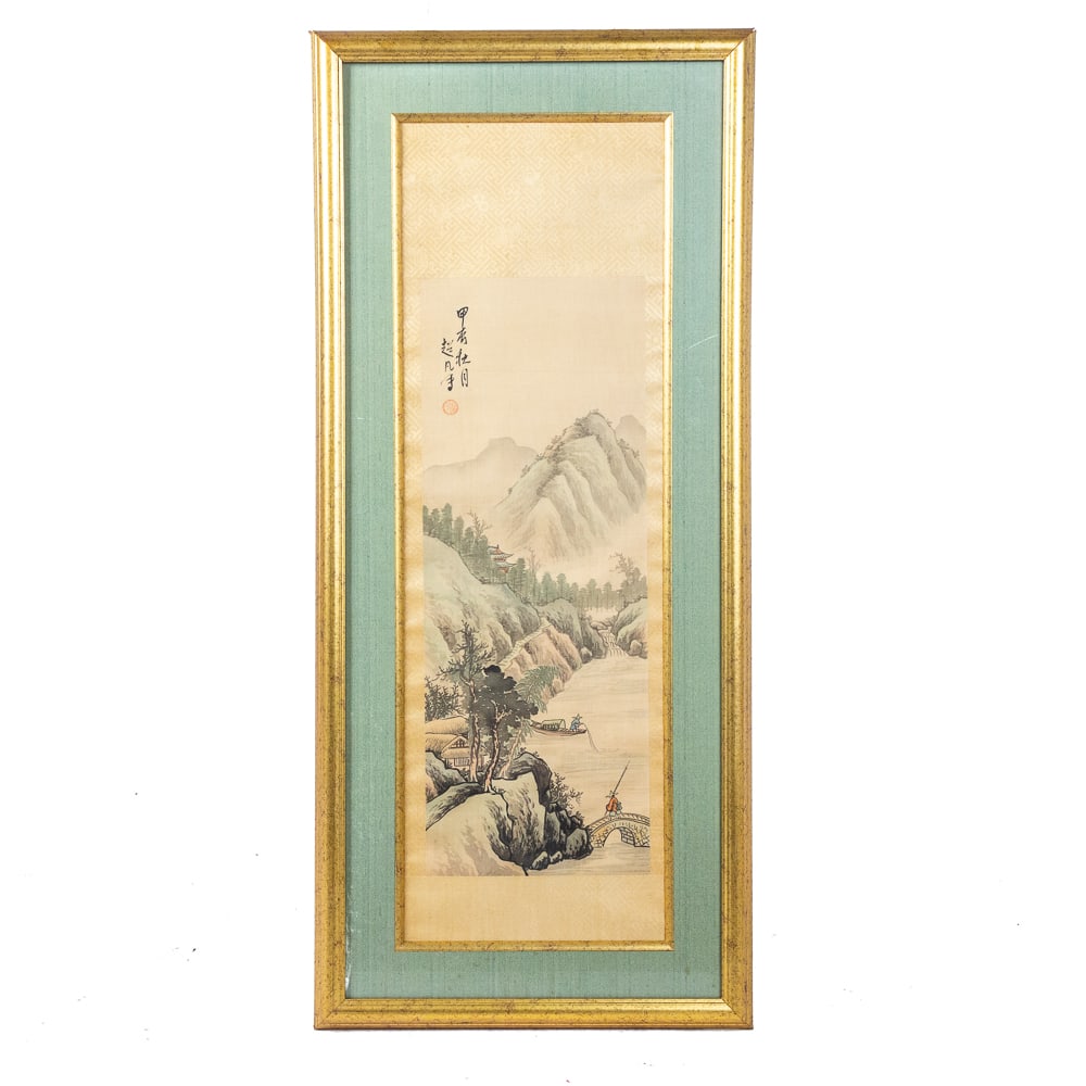 Chinese Qing Dynasty Landscape Watercolor on Silk: Watercolor on silk, Chinese, probably late Qing Dynasty, village river mountain landscape with figures, inscription and red seal mark upper left, framed. [Sight: 32" H x 10" W; Frame: 39.5" H x 17.5" 