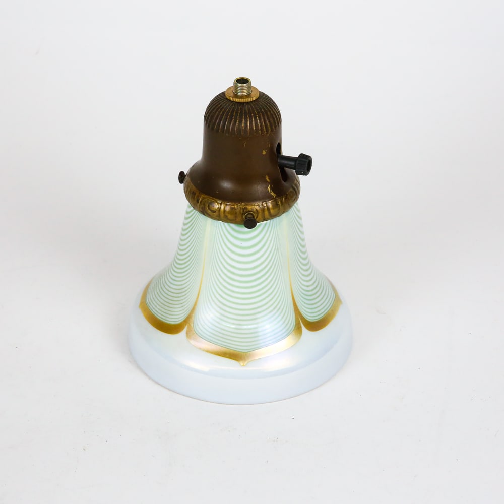 Steuben Attributed Quezal Lampshade: Steuben, Frederick Carder, attributed Quetzal glass lampshade, with gold iridescent interior, unmarked. [4.5" H x 5.25" Diameter]. Condition is good.