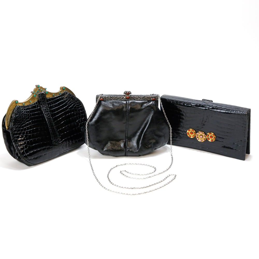 Jiacomo Paris and Another Vintage Handbags, 3: Vintage handbags comprising a vintage alligator skin handbag with gold tonw and paste cabochon inset closure and green lining, a Jiacomo Paris lizard skin handbag with silvered and moissanite decorate