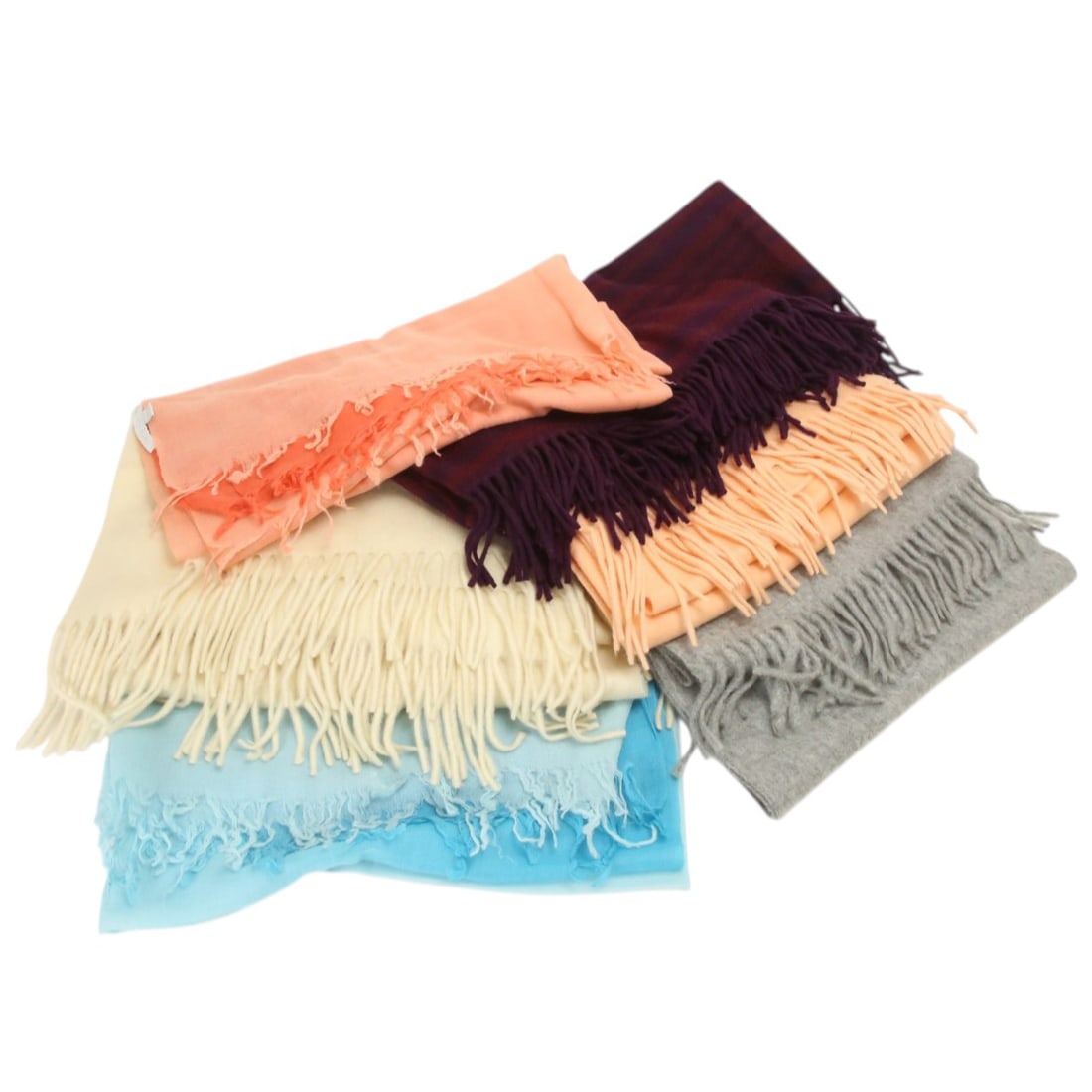 Six Cashmere Scarves: Six cashmere scarves including two light weight and three medium weight scarves. Condition throughout is good.
