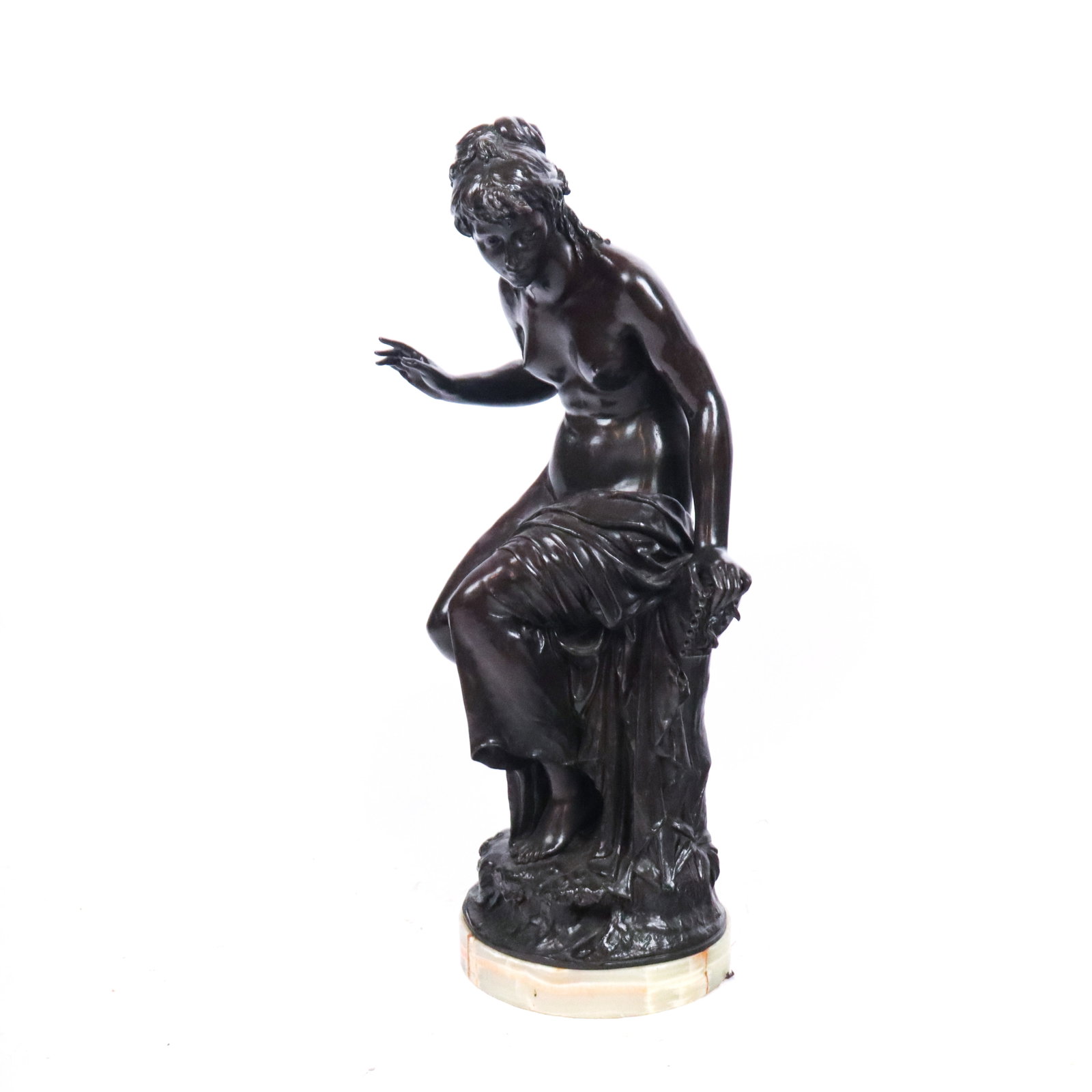 Jean Louis GREGOIRE Bronze Sculpture of a Woman: Jean Louis Gregoire (France, 1840-1890) signed Gregoire to lower, on an onyx base. [36" H x 18" W x 12]. Condition is good with some wear to onyx.