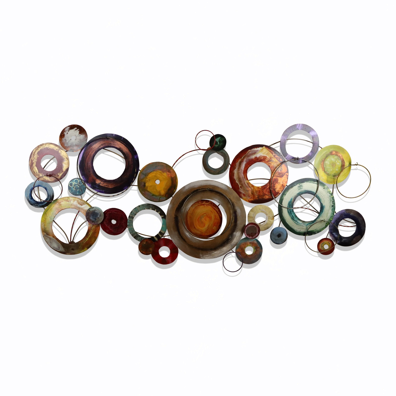 Jennifer HOLLACK Concentric Metal Wall Sculpture: Jennifer Hollack (American, b. 20th century) "Concentric" painted metal and mixed media wall sculpture, with Phoenix Art Group label to reverse. [37" H x 89.5" W x 10" D]. Condition is good.