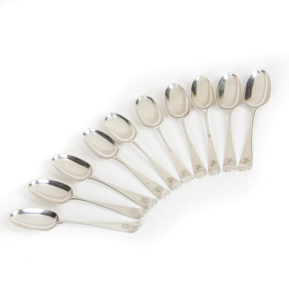 Georgian Silver Tablespoons, 10: Group of Georgian silver tablespoons, comprising six George II silver spoon, London, 1750, by Elizabeth Oldfield, and four George III silver spoons, London, 1769 by Philip Roker III, mark to reverse