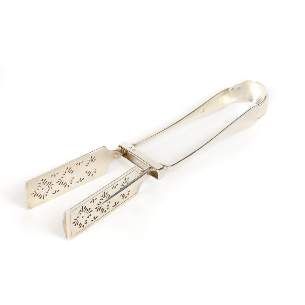 Victorian Silver Asparagus Tongs: Victorian silver asparagus tongs, London, 1887, by Thomas Bradbury & Sons, mark to interior handle. [6 ozt., 10" L]. Overall condition is good.