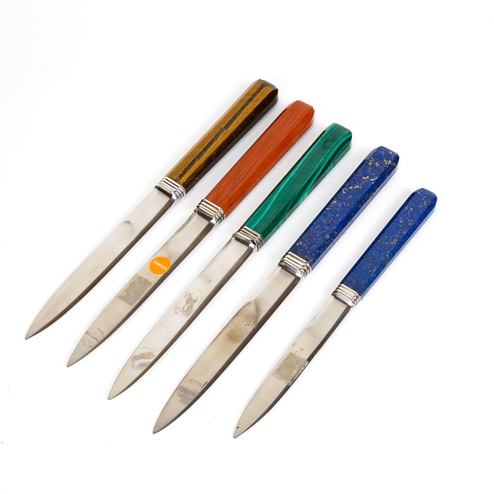 Hermes & Jean E. Puiforcat Stone Handled Knives, 5: Hermes and Jean E. Puiforcat stone handled and stainless steel knives, post 1993, examples include malachite, tiger's eye, carnelian, and lapis lazuli, marked on the blade Jean E. Puiforcat, one knife