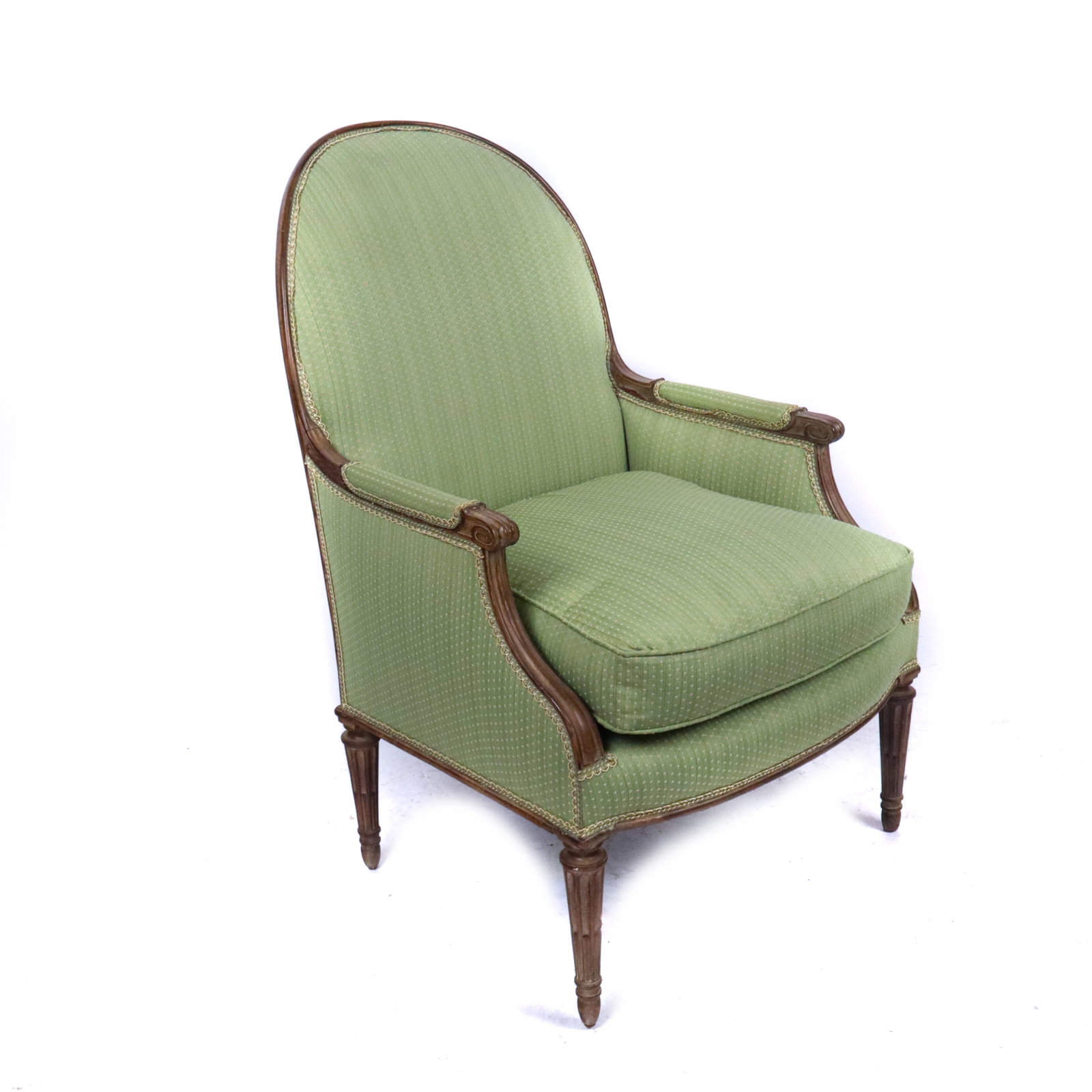 Louis XVI Oval Back Bergere: Louis XVI oval back green upholstered bergere, 20th century [38" H x 28" W x 23" D, Height to seat: 19"]. Good condition commensurate with age.