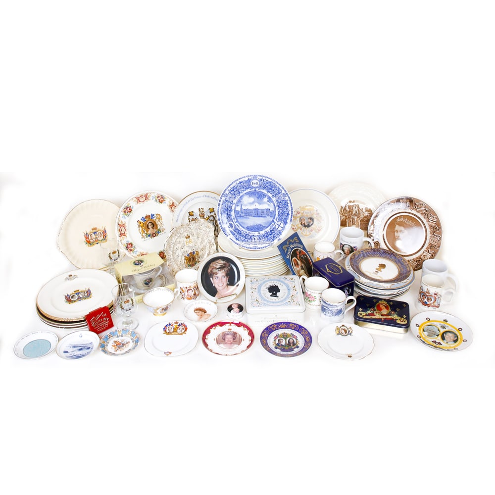 Commemorative English Royal Porcelain, 40+: Collection of commemorative English Royal porcelain plates, mugs, glass, tins and box, variously decorated commemorating generations of English Royalty. Overall condition is good, sold as is.
