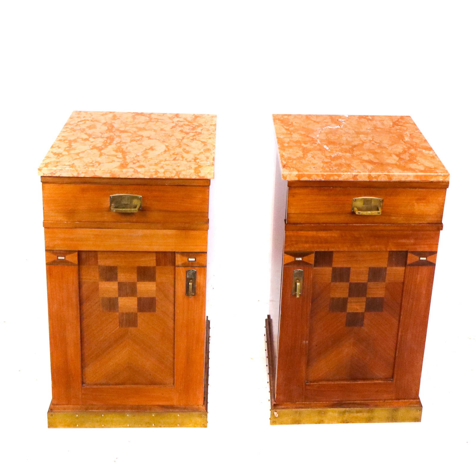 Pair of Art Deco Inlaid Stands: Pair Art Deco stands, each having four single drawers and single doors, checkerboard inlay below marble tops. [29.5" H x 15.75" W x 13.5" D]. Condition is good.
