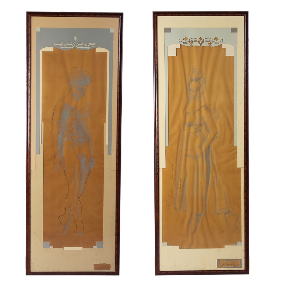 John MACWHINNIE Two Nude Gouaches: John MacWhinnie (American, b. 1945) two nude gouaches, 20th century, comprising one with the figure of a man, the other with a figure of a woman, each in frames. [57" H x 20" W image; 69.5" H x 25" W