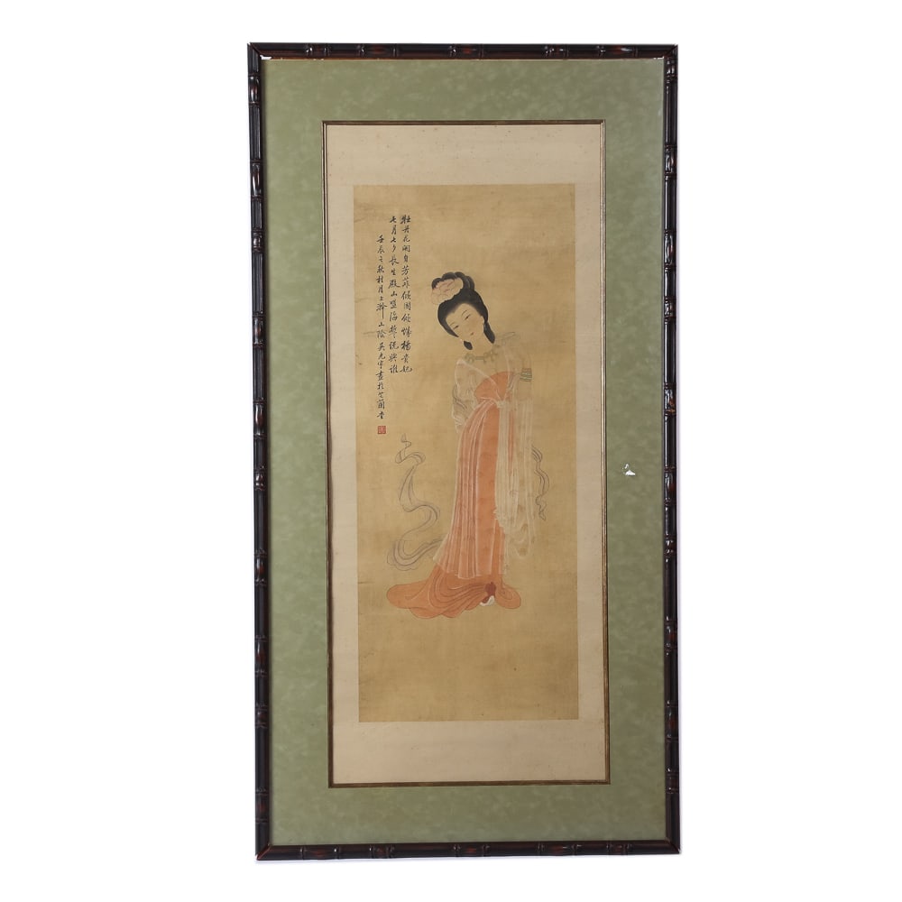 Chinese Figural Ink on Silk: Chinese figural ink on silk, early 20th century, with an inscription to one side, and seal marks, in a faux bamboo frame. [33.5" H x 14.25" W image; 34.5" H x 28.5" W frame]. Condition is good with