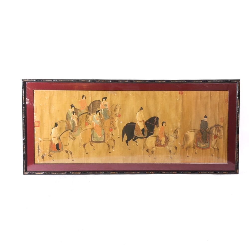 Chinese Ink on Paper with Horses: Chinese ink on paper, 18th century, depicting figures on horseback, inscribed and with seals, in a frame. [21" H x 54" W image; 28.5" H x 61" W frame]. Condition is fair to poor with tears, creasing,