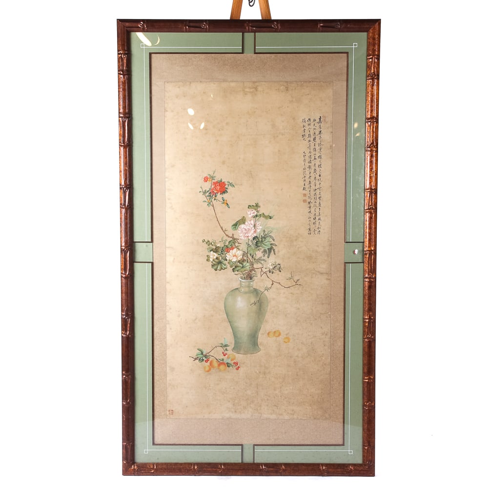 Chinese Floral Still Life Gouache: Chinese floral still life gouache, 19th century, on paper, with inscription and seals, in a frame. [50" H x 25" W image; 69" H x 39" W frame]. Condition is good with some minor age-commensurate fading