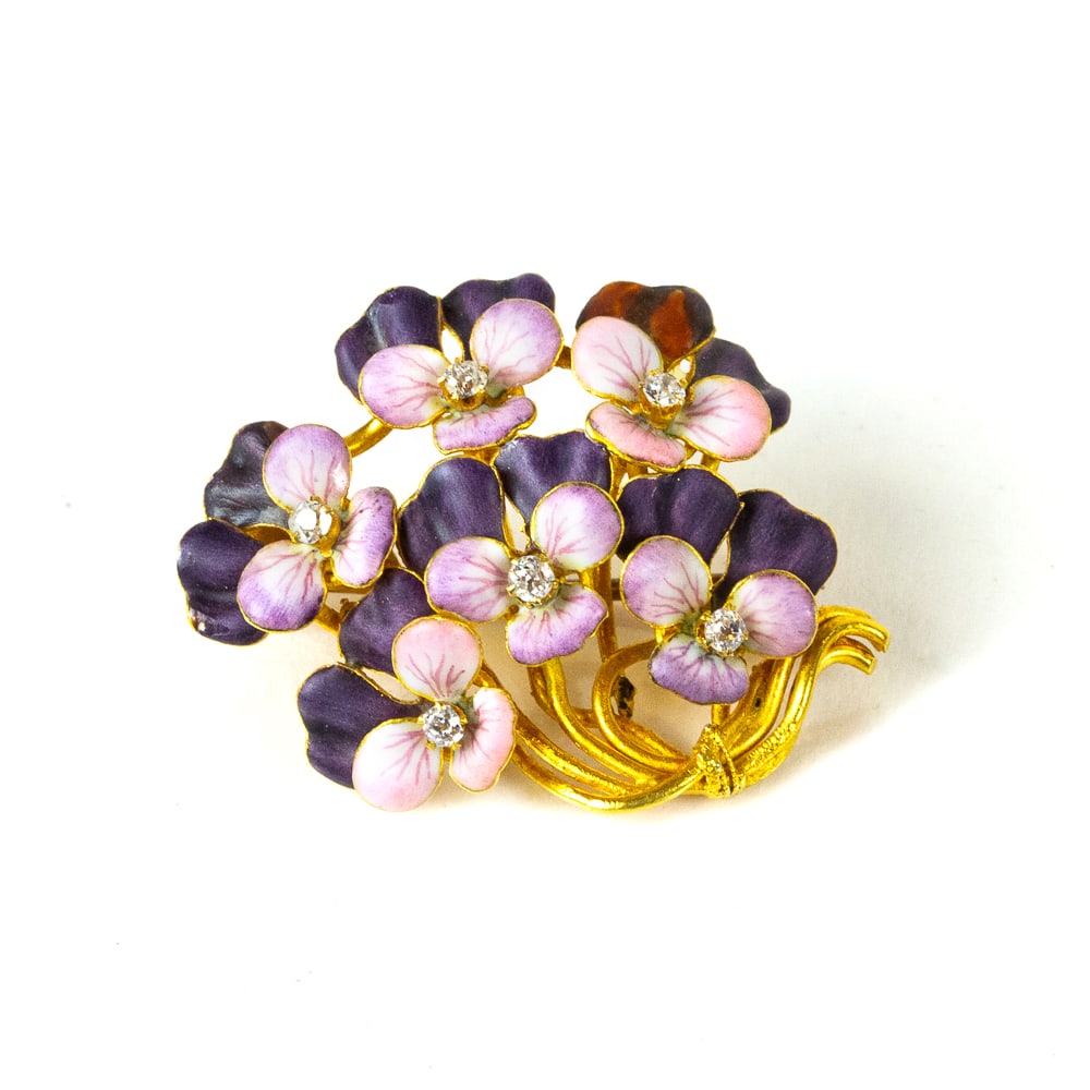 Art Nouveau Enamel, Diamond & Gold Brooch: Art nouveau enamel, old mine diamond and gold pansy brooch, circa 1895, marked 18K and with scratch number. [4.75 dwt., 1.25" Square]. Overall condition is good, one petal possibly re-enameled.