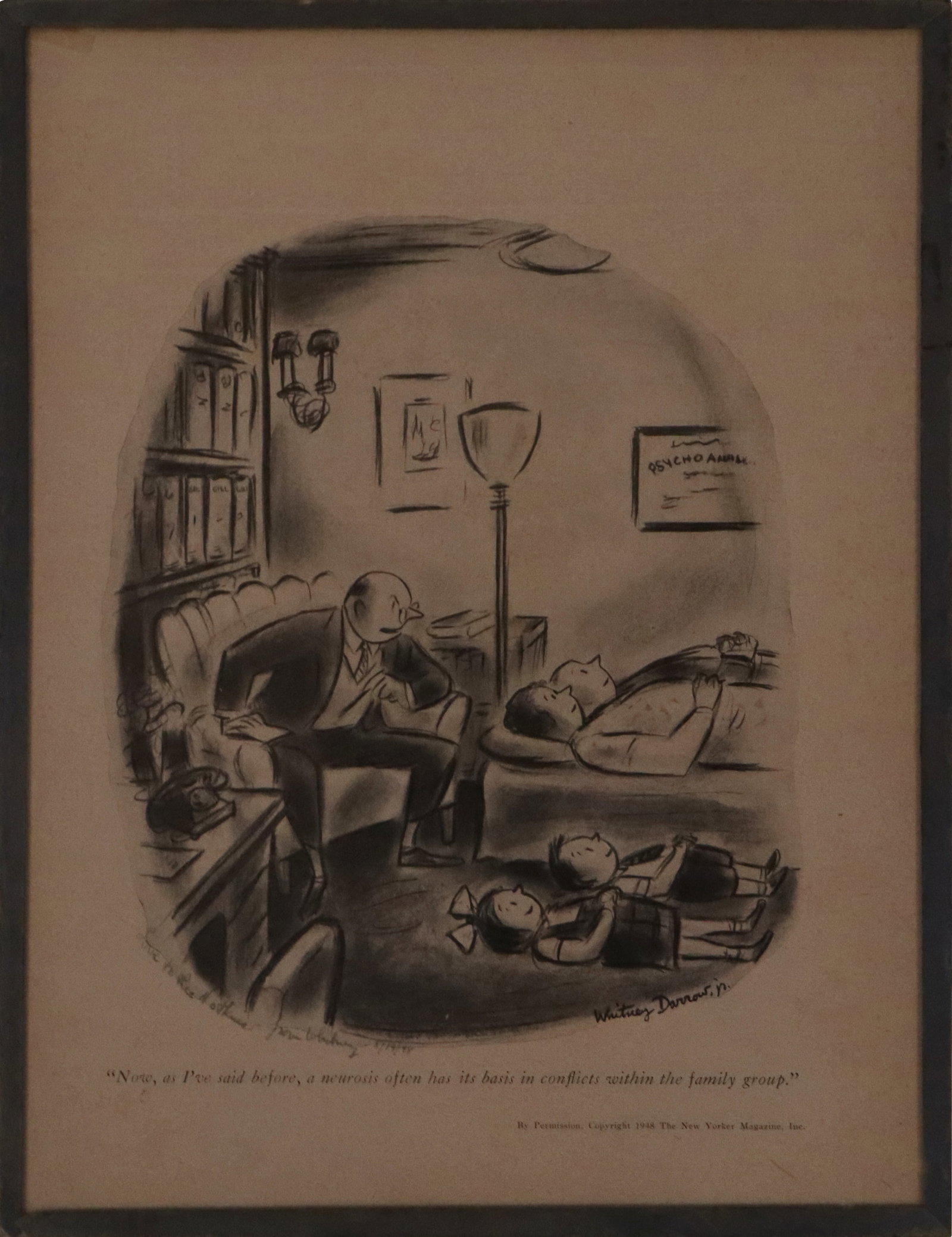 Whitney DARROW Signed Print from The New Yorker: Whitney Darrow (American, 1909-1999) signed print from The New Yorker, inscribed in pen at lower left of image "...from Whitney, 5/19/48" partially framed. [Sheet: 13" H x 9.5" W]. Condition is fair w