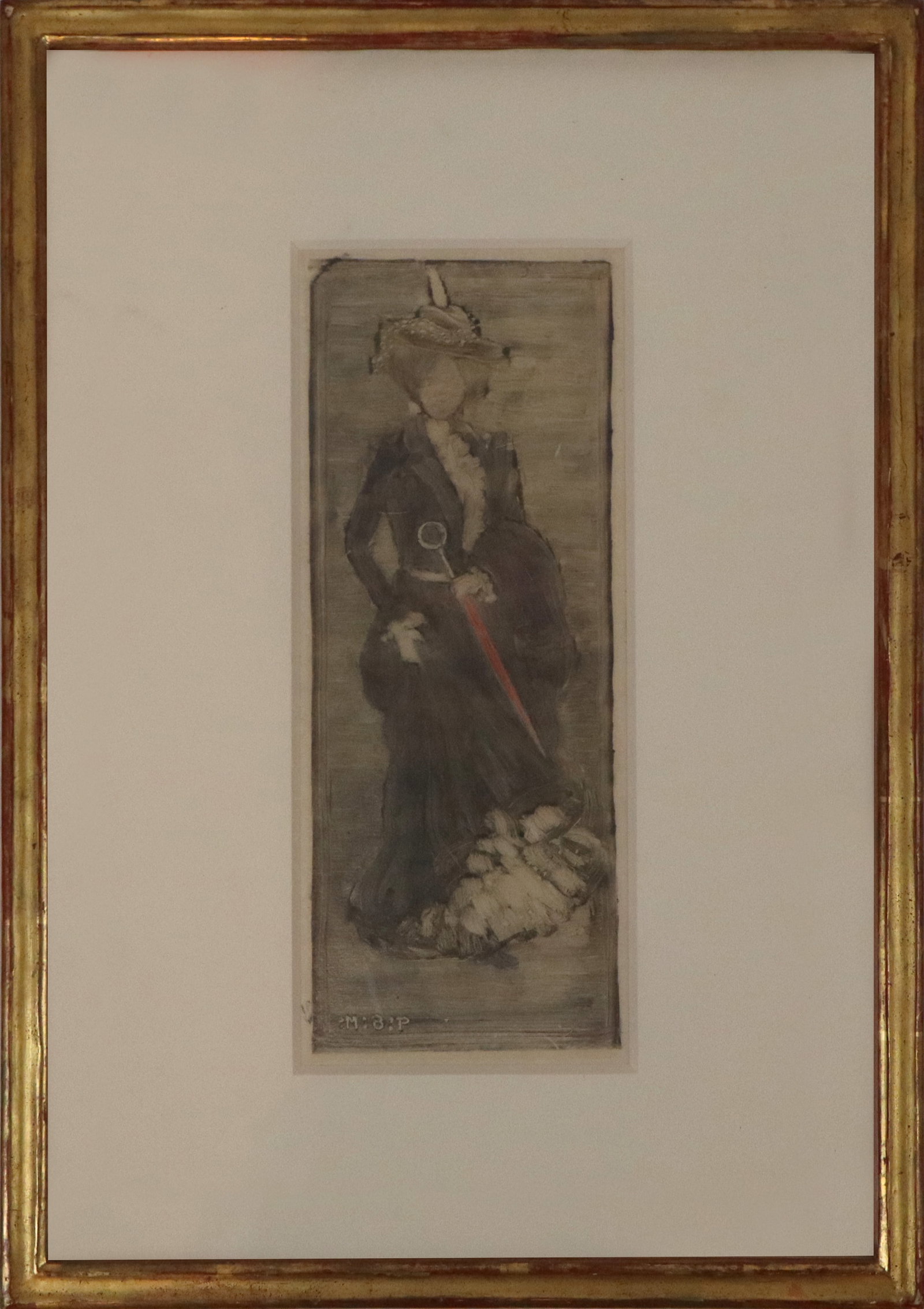 Maurice PRENDERGAST "Lady with Ruffles" Monotype: Maurice Prendergast (Canada, 1858-1924) "Lady with Ruffles," monotype on Japan paper, initialed M.B.P. to lower, with labels at verso from David Tunick Inc, Davis & Long Company, Kraushaar Galleries, 