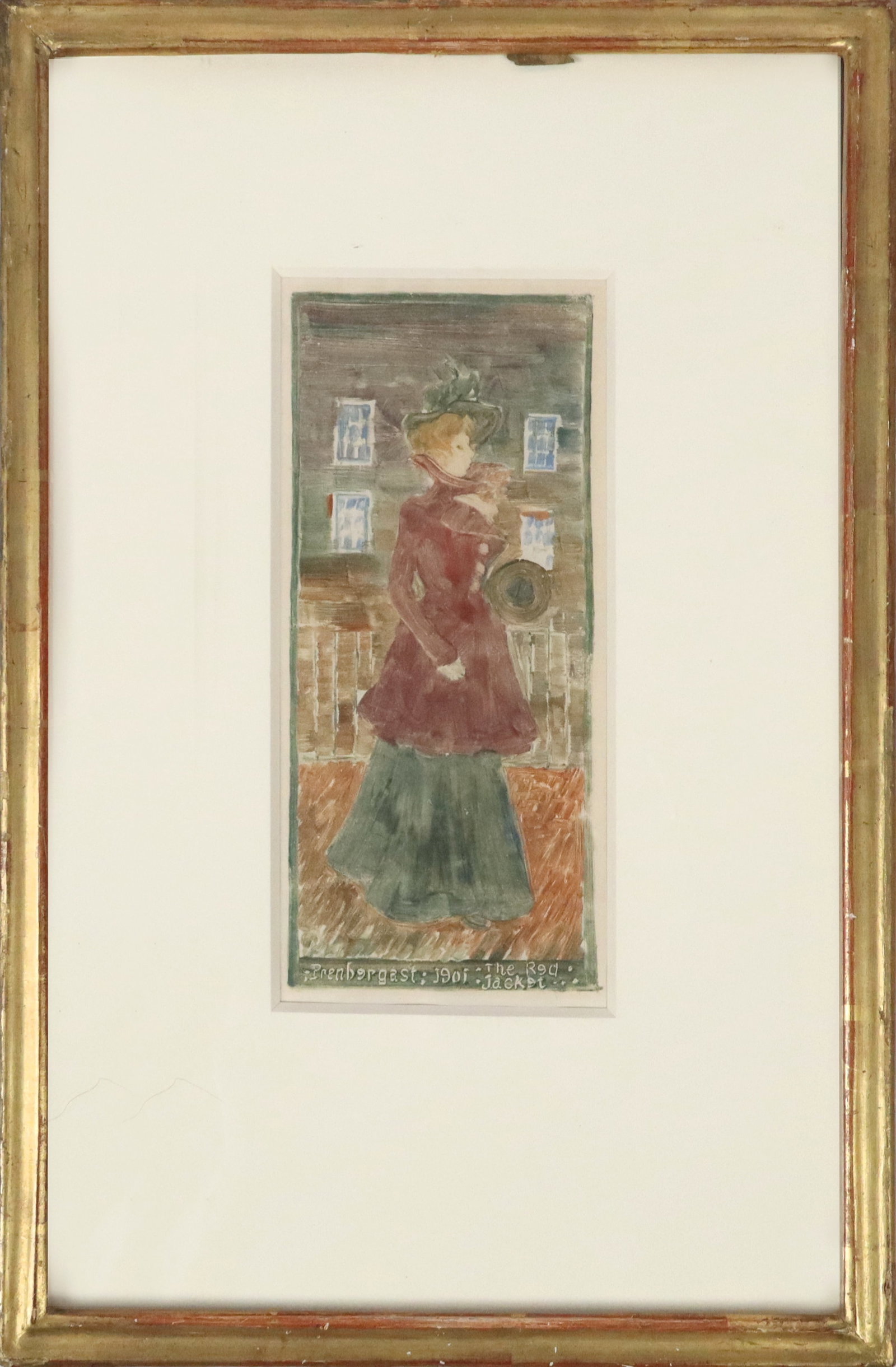 Maurice PRENDERGAST "The Red Jacket" Monotype: Maurice Prendergast (Canada, 1858-1924) "The Red Jacket" monotype on Japan Paper, with Predergast's printed mark to lower of work with title and dated 1901, with two Davis & Long Company labels to ver