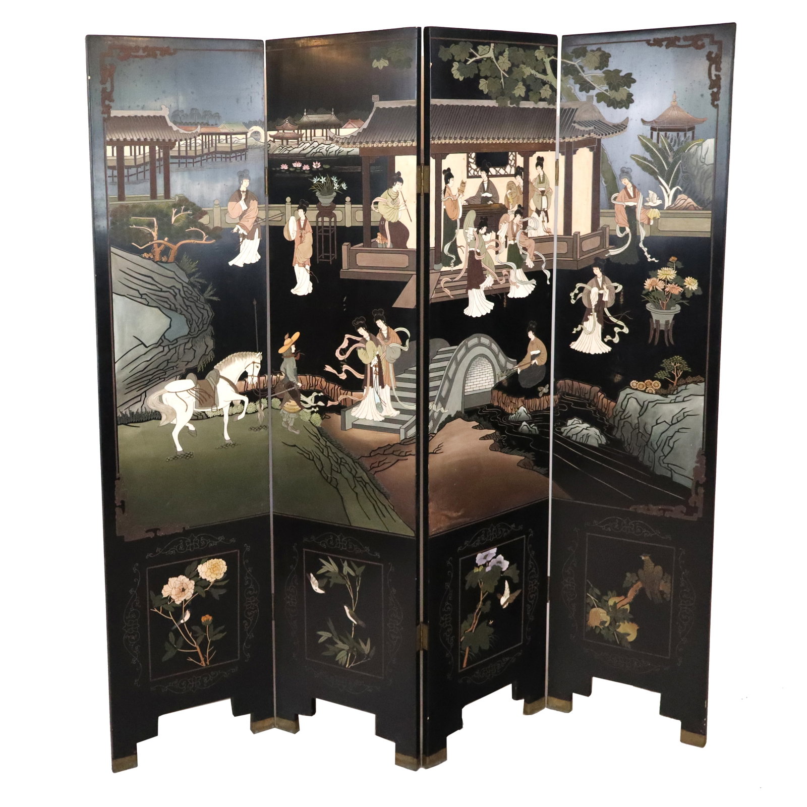 Chinese Chinoiserie Decorated Four Panel Screen (1 of 12)