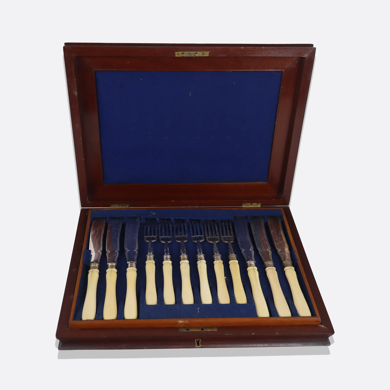 Elkington & Co Silver Plate & Faux Ivory Fish Set: Elkington & Co. silver plate and faux ivory fish set for six in fitted box, Sheffield, circa 1884, mark to reverse metal blades and forks. [Box: 2" H x 14.75" W x 7" D]. Overall condition is good/fair