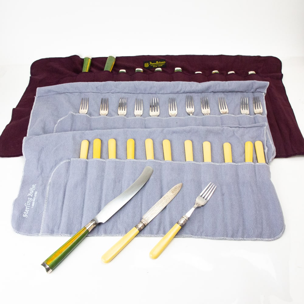 Collection of Horn and Celluloid Handled Flatware: Collection of flatware, comprising a set of eleven green painted bone handled and steel knives, and a set of twelve Joseph Elliot & Sons engraved and celluloid handled fruit knives and forks, marks wh