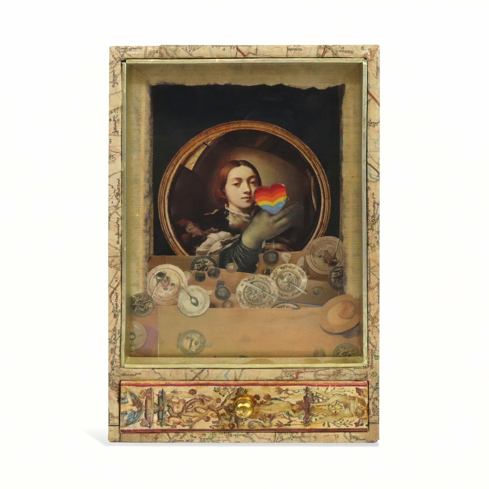 Victorian Musical Valentine Shadowbox: Victorian style musical Valentine shadowbox with animated floating interior scene, one drawer which iniates music when open. [8.25" H x 5.25" W x 3" D]. Overall condition is good/fair, wear to exterio