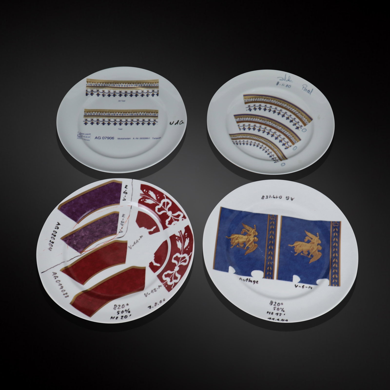 Group of Model/Sample Porcelain Plates, 4: Group of assorted model sample decorated porcelain plates, variously decorated, variously marked. [10" Diameter]. Overall condition is good.