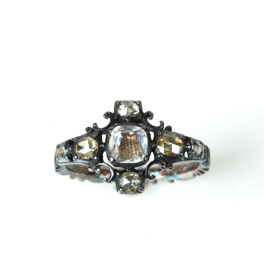 George II Diamond & Enamel Memorial Ring: George II old mine and rose-cut diamond, enamel, gold, silver and hair memorial ring, probably English, 1754, the top of cruciform shape with diamonds set in silver topped yellow gold, the center ston
