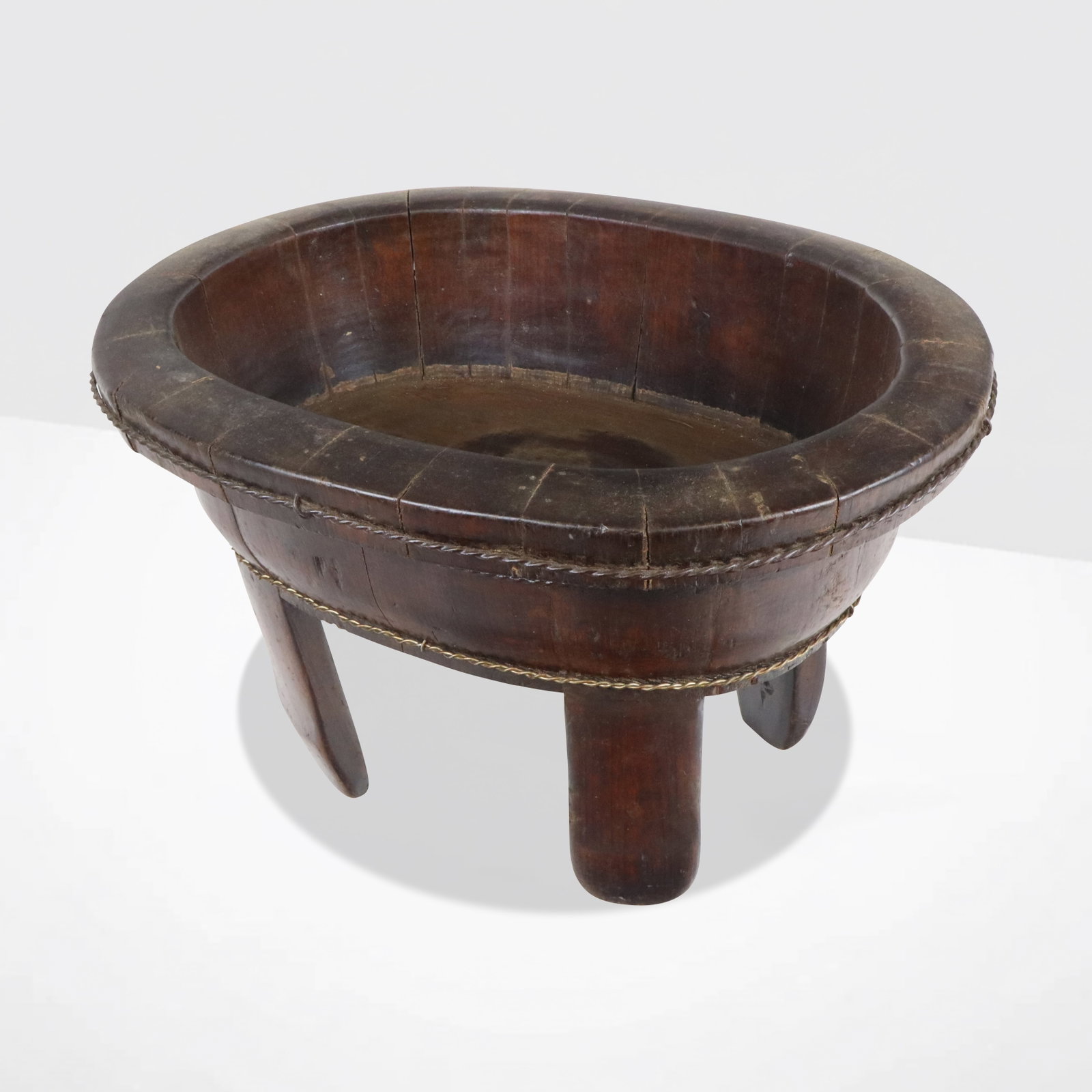 Chinese Oval Footed Wood Vessel: Antique Chinese oval wood footed vessel / planter. [12.5" H x 19.25" W x 15" D]. Good condition as with age.
