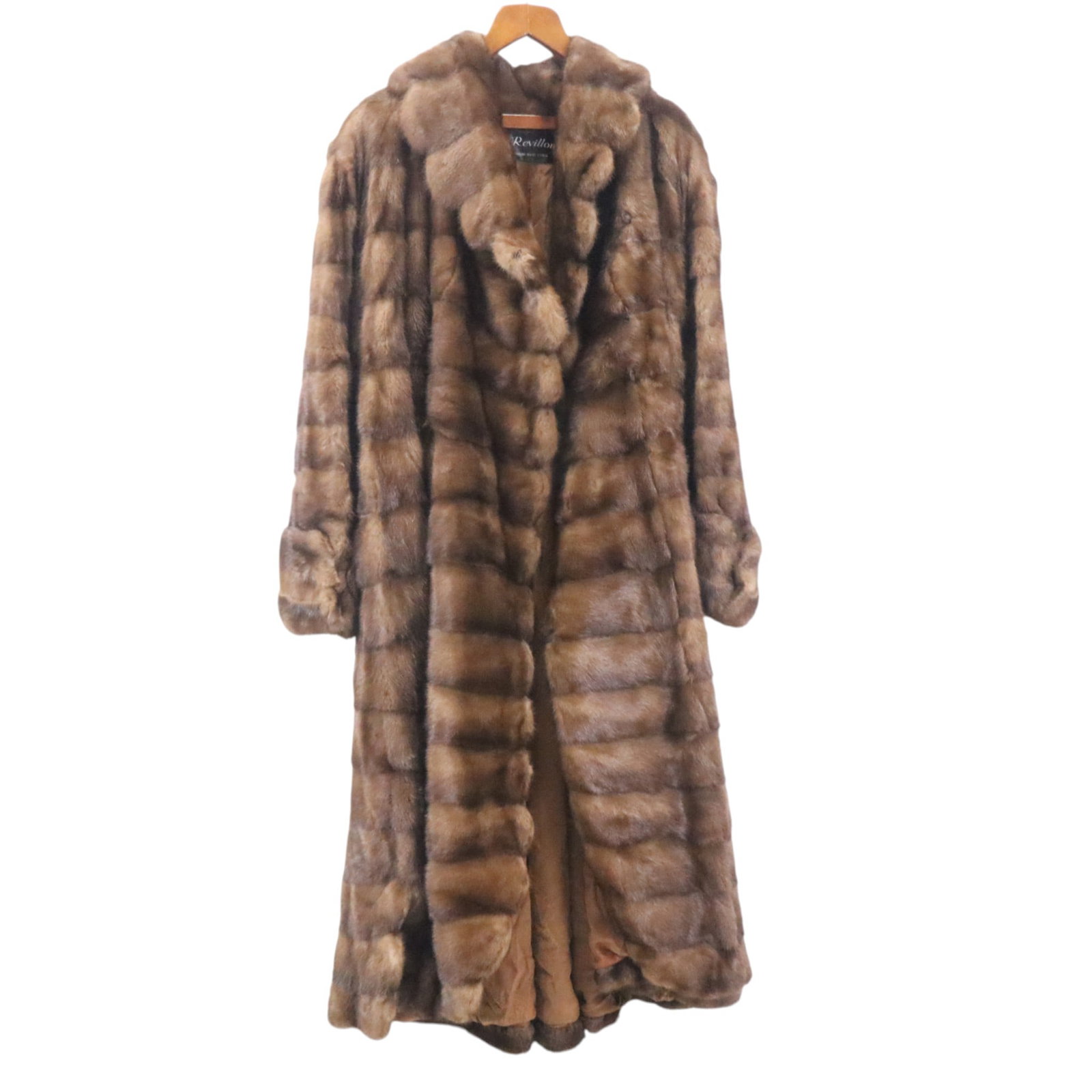Revillon Brown Mink Fur Coat: Vintage brown mink fur full length coat with wide collar, bearing labels inside for Revillon, Paris/New York and Saks Fifth Avenue.