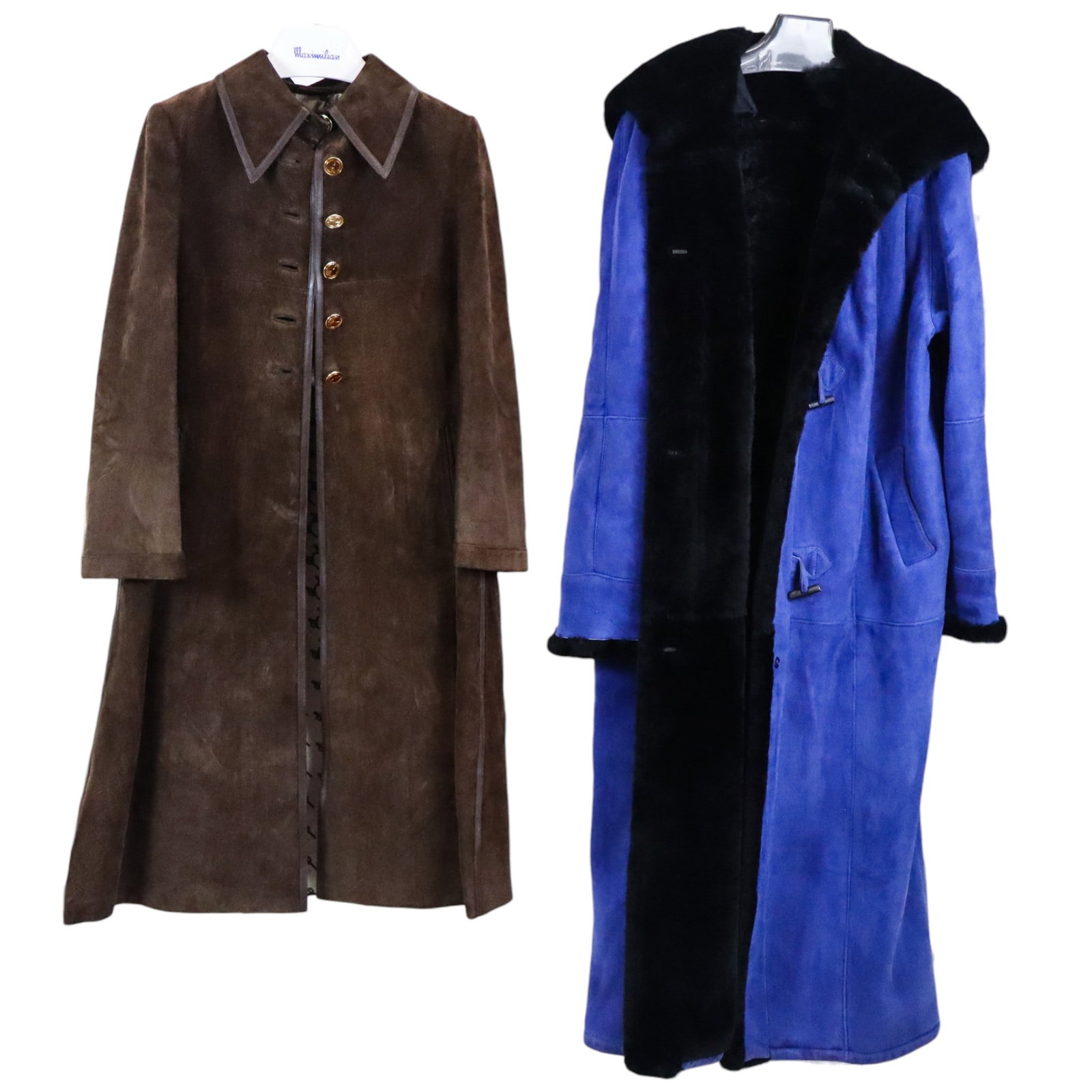 2 Suede Coats, Turkish Tukku & Gucci: Two suede coats, including a Turkis Tukku Finnish royal blue suede full length coat with black shearling collar and lining, together with a Gucci brown suede jacket with monogrammed buttons and inner 