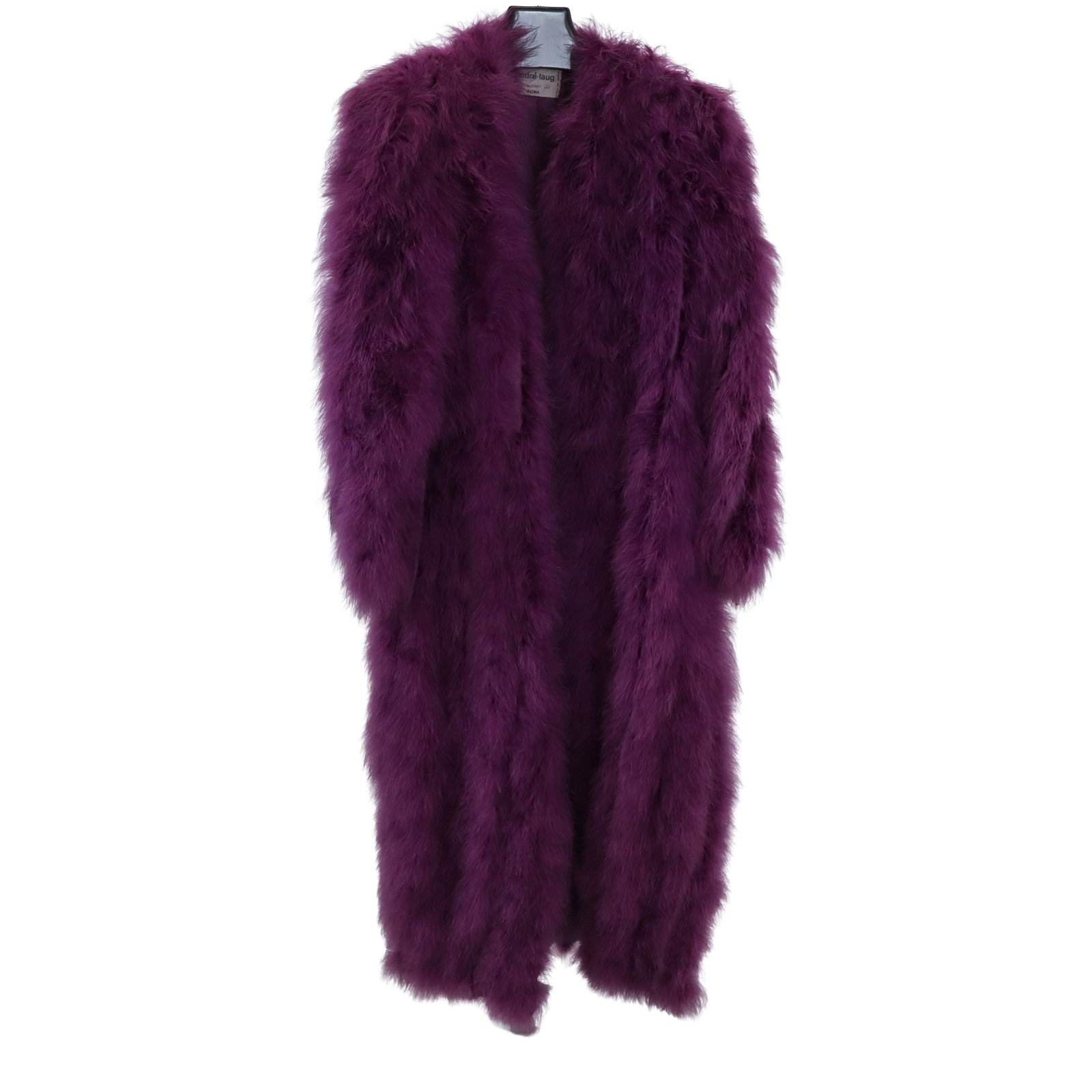 Andre Laug for Audrey Ostrich / Marabou Coat: Vintage Andre Laug for Audrey purple ostrich / marabou feather coat, 1970s, with labels for Andre Laug for Audrey, Roma, Made in Italy and Martha Phillips, Palm Beach. "Martha Phillips, the highly reg