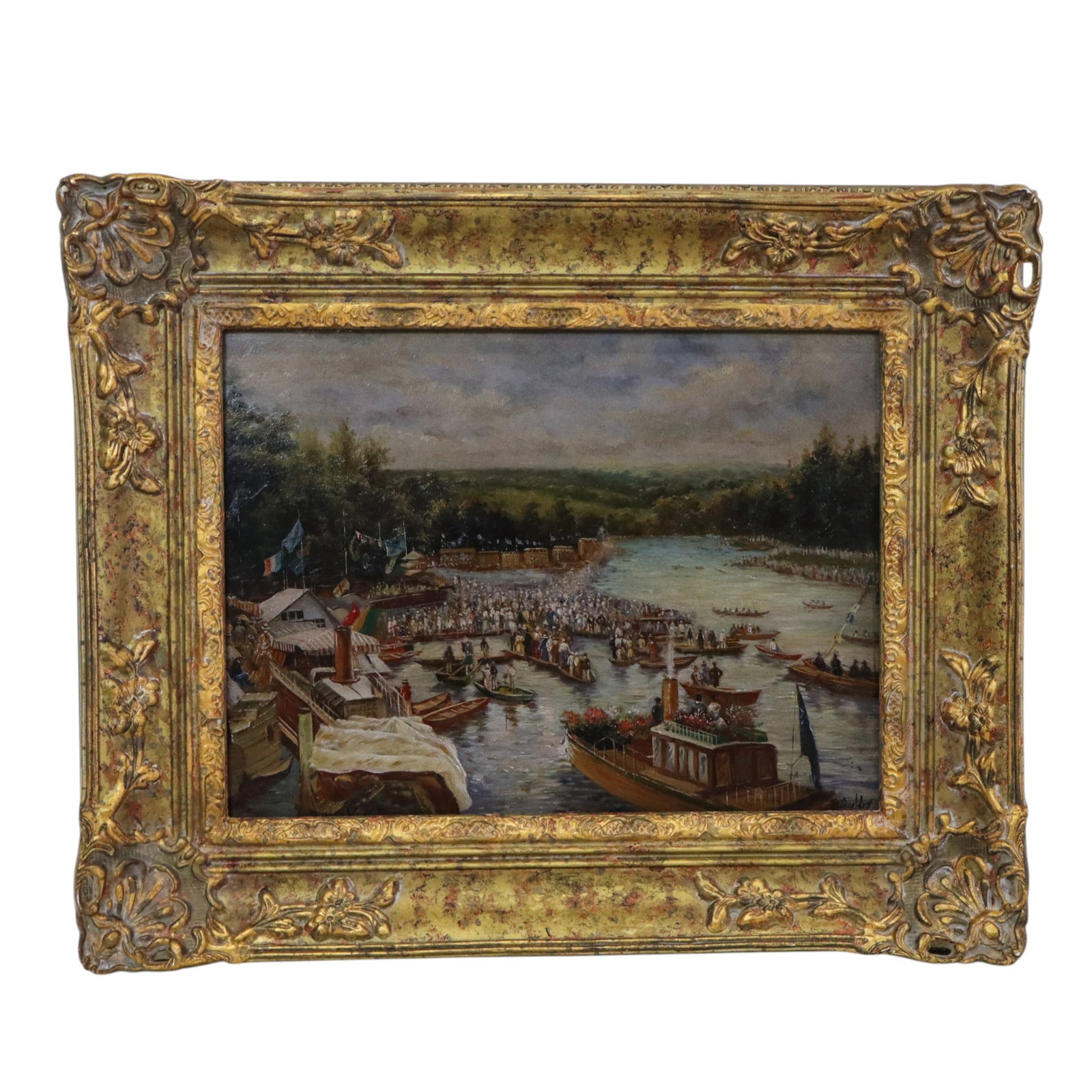 Ferdinand GUELDRY Harbor Scene, Oil on Panel: Ferdinand Joseph Gueldry (French, 1858-1945) oil on panel, bustling harbor scene with figures and boats in landscape, signed lower right "F. Gueldry". [Panel: 12" H x 16" W; Frame: 18.25" H x 22.25" W