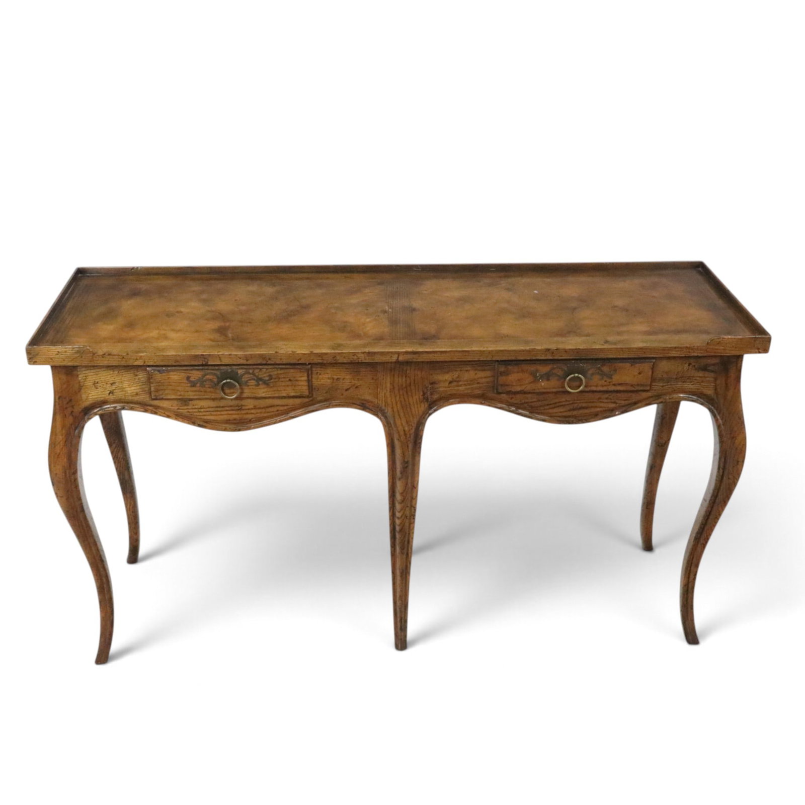 Milling Road (Baker) Console: Oak console with two drawers, 20th century, bearing "Milling Road Furniture, Craftsman Corners, NC, division of Baker Furniture, Inc." label on drawer. [30" H x 54" W x 16" D]. In overall good conditi