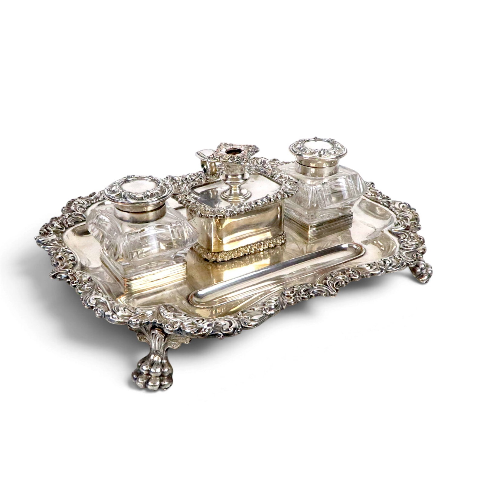 Ellis-Barker Silver Co. Silver Plate Inkstand: Ellis-Barker silver plate partner's double sided inkstand, Birmingham, the large cartouche form tray with heavily scrolled border, twin pen trays, centered by a line of two glass inkwells and removabl