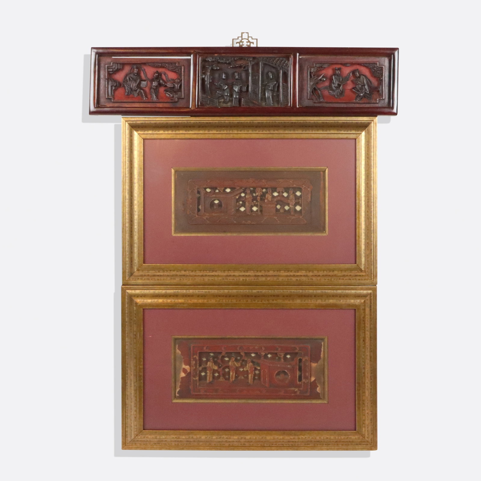 Group of Chinese Relief Plaques, 3: Group of three Chinese relief plaques, including a single triptych style figural relief panel, together with a pair of inset figural framed panels. [Triptych: 6" H x 27.5" W x 1.5" D; Art: 5" H x 11" 